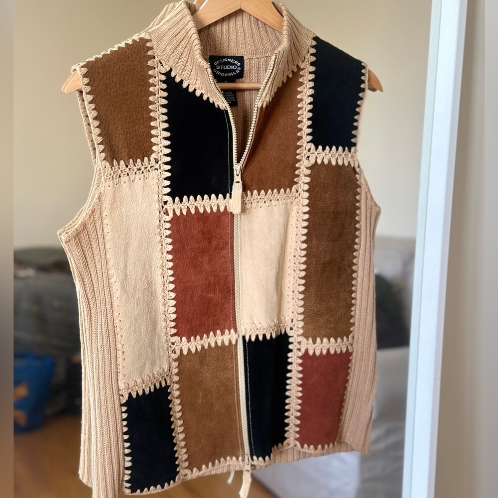 Patchwork Sleeveless Jacket - Black, Brown, Tan